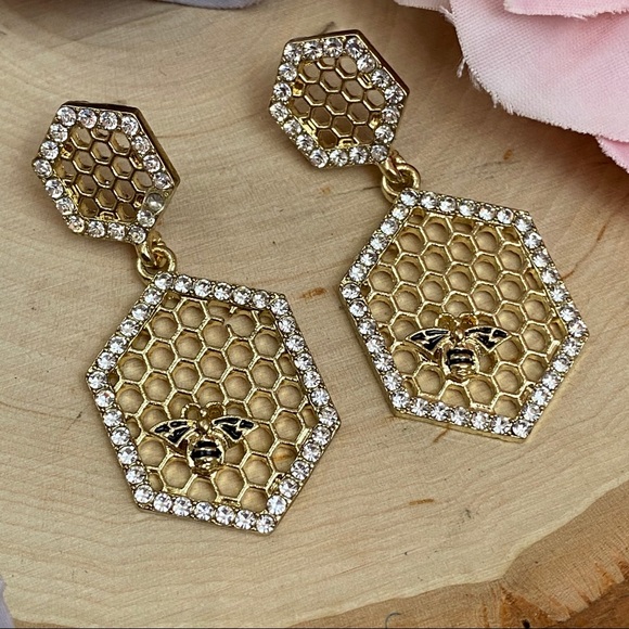 Gold Crystal Honeycomb Earrings with Bumblebee - Picture 11 of 16